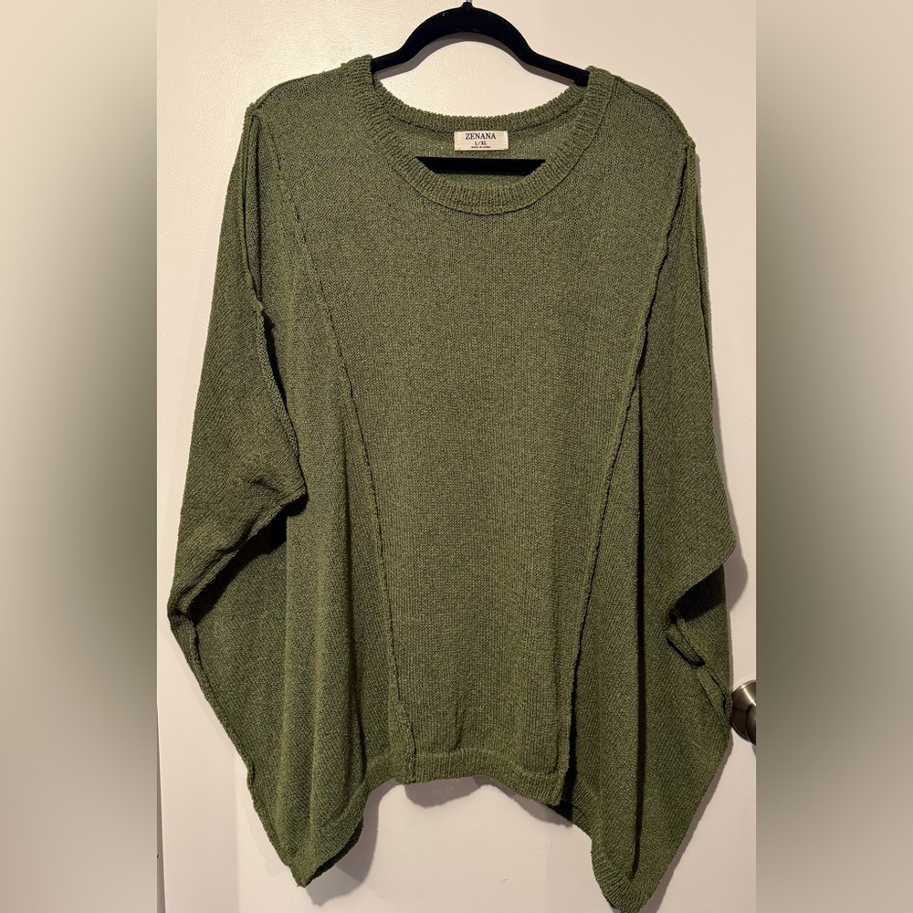 Zenana Olive Green Crewneck Drop Shoulder Sweater - Oversized- EUC